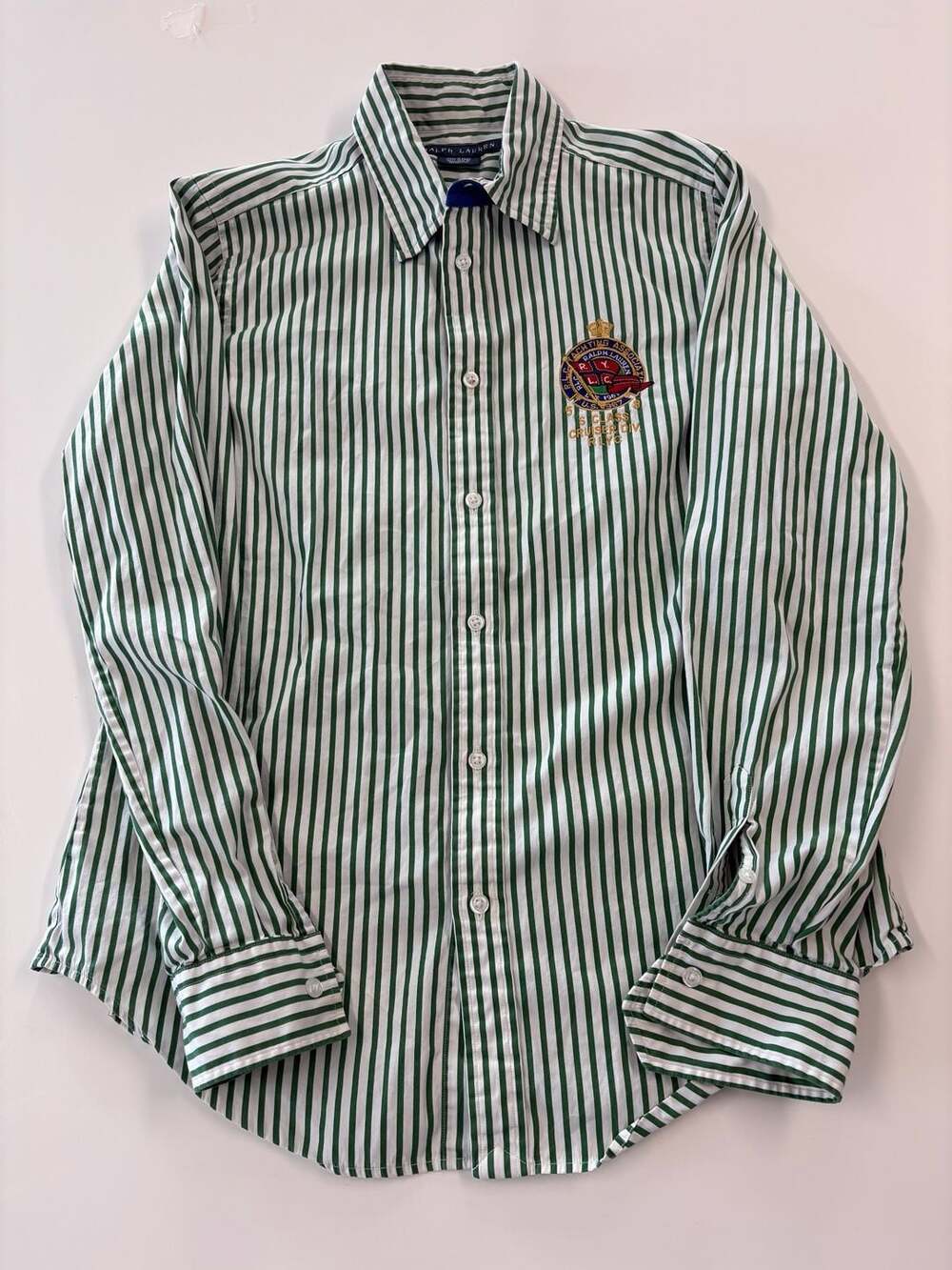 Ralph Lauren Striped Crest Button-Up Shirt Size 12 Green White